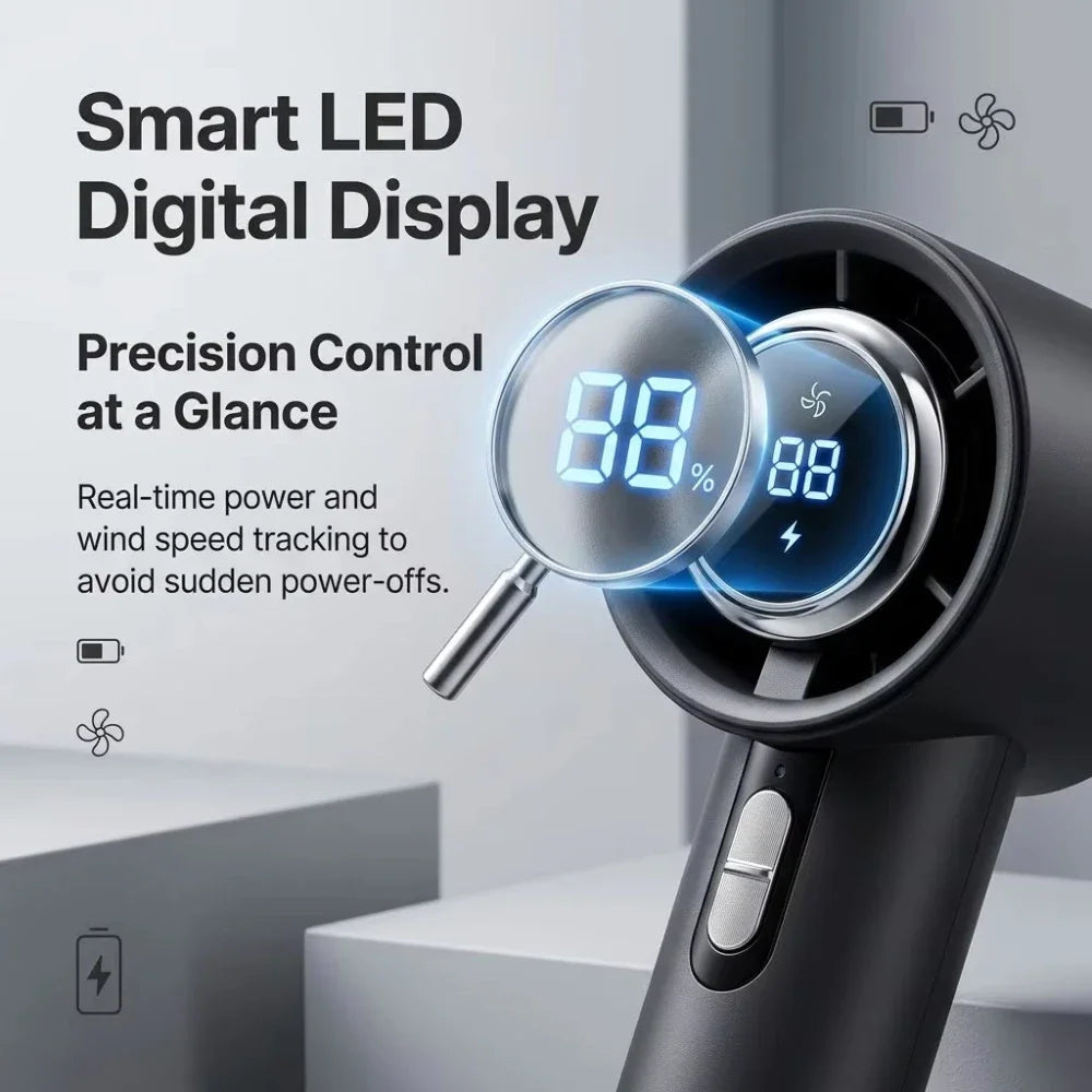Nahaufnahme eines tragbaren Mini-Ventilators mit 88% Akkustand auf dem digitalen Display.