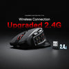 Black wireless gaming mouse with programmable buttons and a 2.4GHz receiver displayed on a dark background.