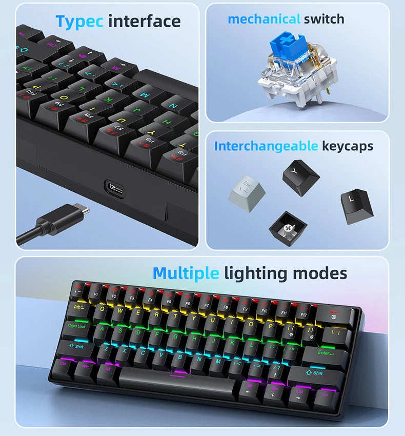 A compact wired mechanical gaming keyboard featuring multiple lighting modes and interchangeable keycaps.