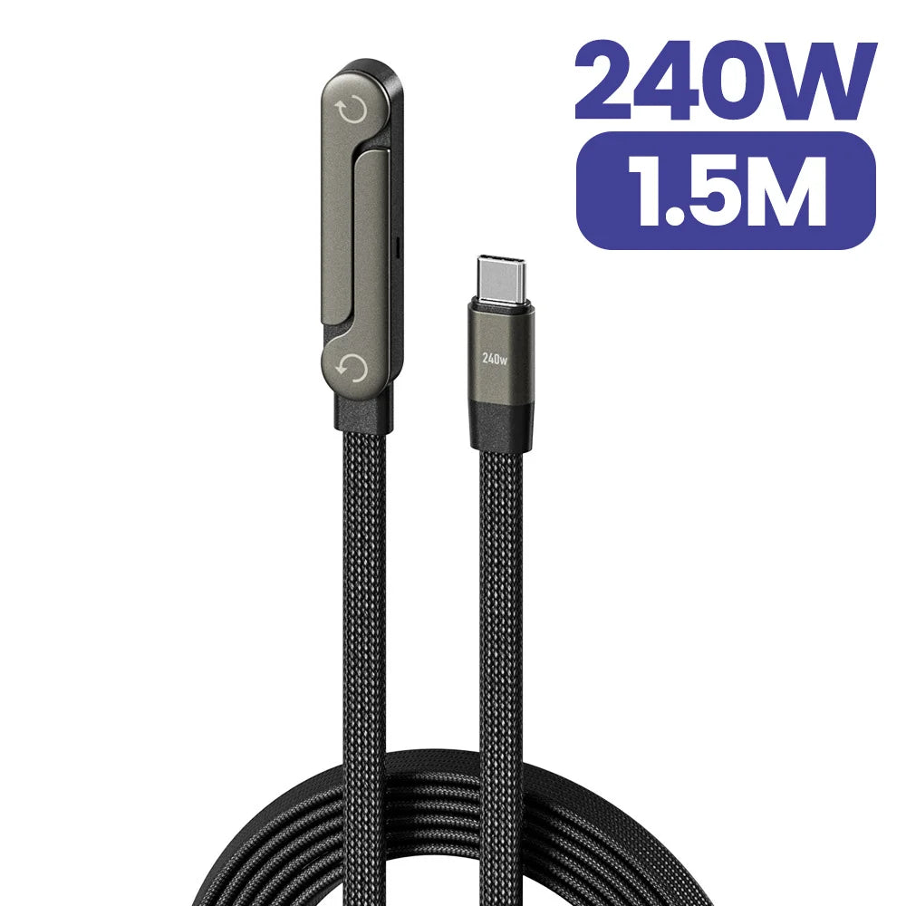 A black 240W 1.5M USB-C to USB-C fast charging data cable with a connector and coiled wire.