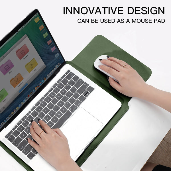 A hand places a white wireless mouse on a green laptop sleeve, demonstrating the product's use as a mouse pad.