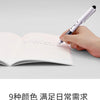 A hand is writing in a notebook with a white fine point fountain pen on a gray surface.