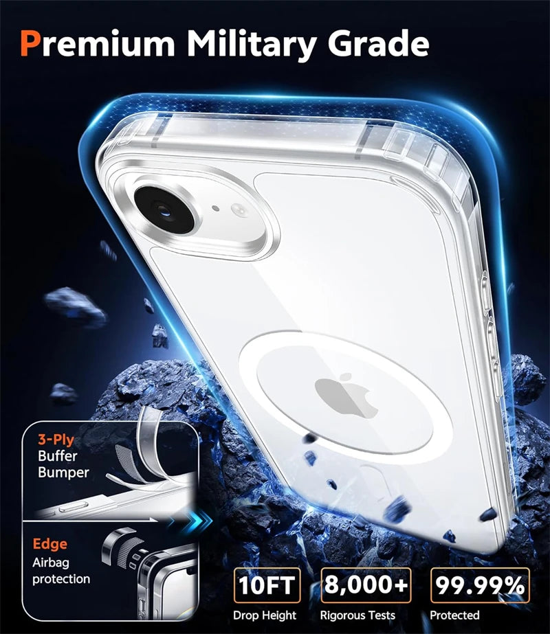 A clear phone case with a magnetic bumper and edge airbag protection shown against a dark background.
