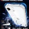 A clear phone case with a military grade bumper and edge airbag protection shown against a dark background.