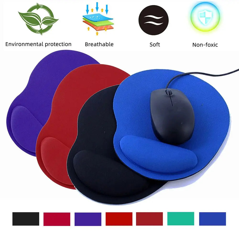 A set of colorful ergonomic mouse pads featuring different colors including purple, red, black, and blue.