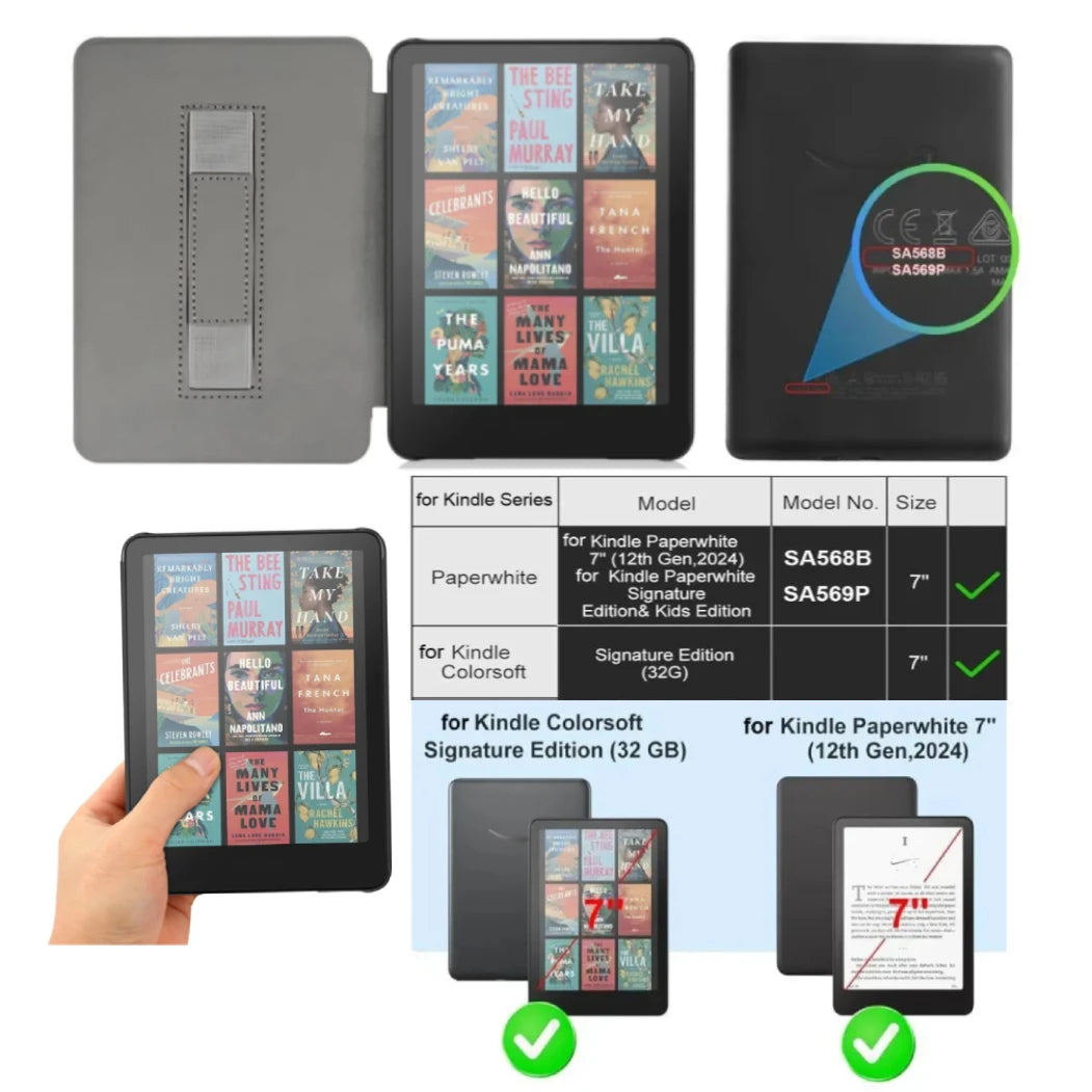 A premium leather case for a Kindle Paperwhite 12th Gen showing various models and sizes.