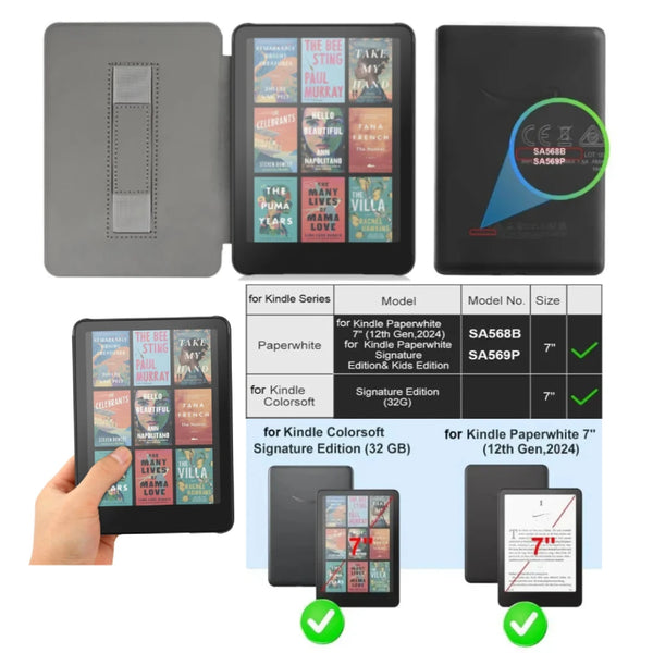 A premium leather case for a Kindle Paperwhite 12th Gen showing various models and sizes.