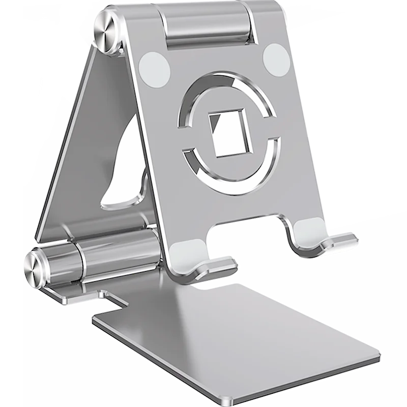Silberner Tablet-Halter mit rotierender Mechanik und flacher Basis