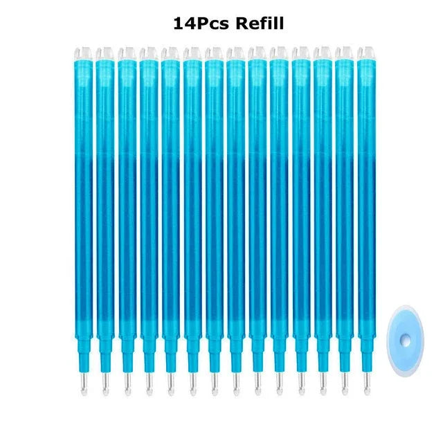 A set of 14 packs of refillable pens in various colors and blue packaging.