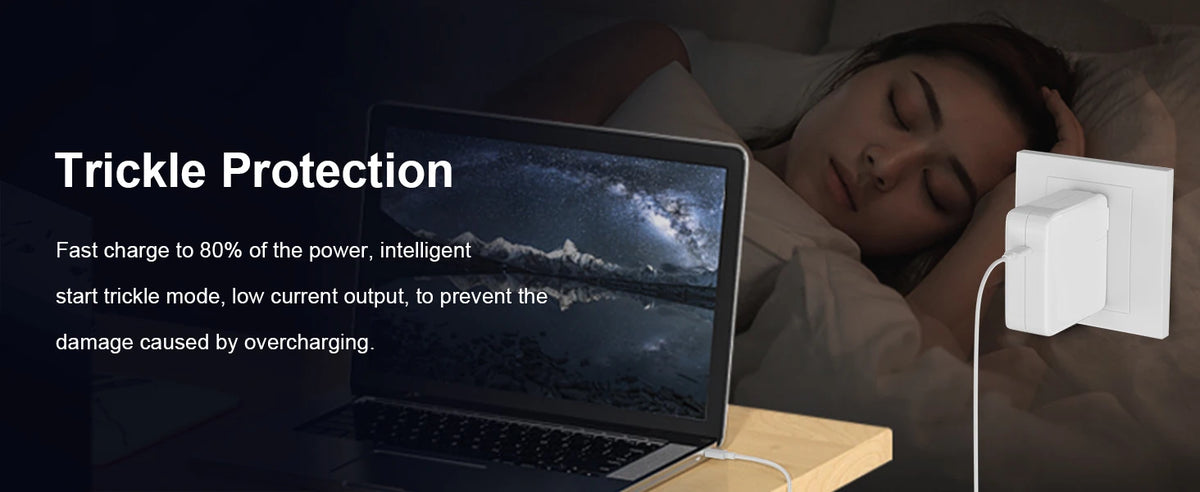 A laptop is shown next to a white trickle protection adapter, illustrating a feature for preventing overcharging.