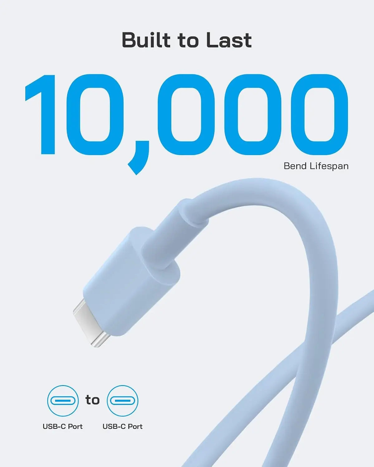 A close-up view of a light blue USB-C power adapter cable with a connector, demonstrating built-to-last design.