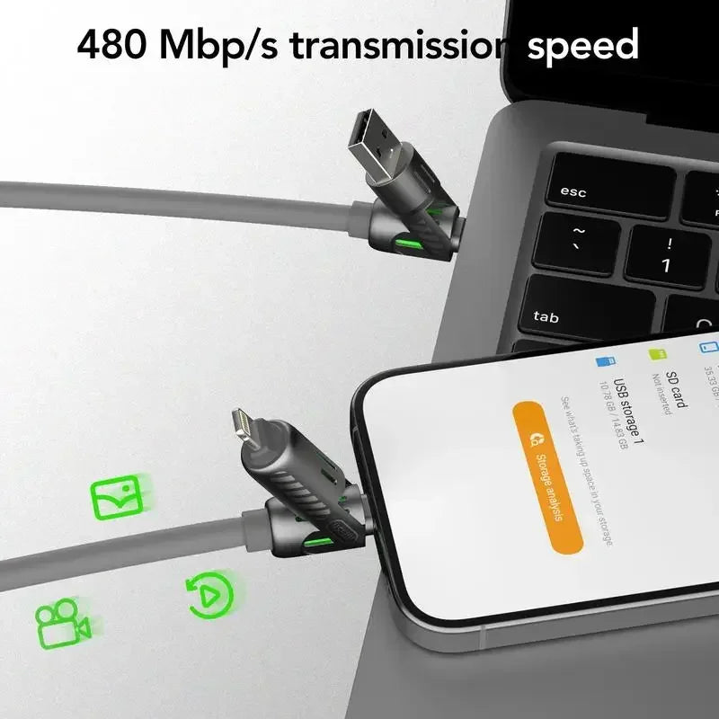 USB-C-Kabel zeigt eine Übertragungsgeschwindigkeit von 480 Mbit/s zwischen Gerät und Laptop.