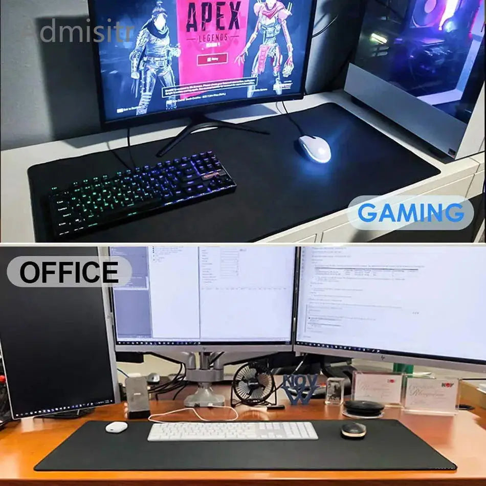 An extra large abstract desk mat used for gaming and office work, featuring a black surface.