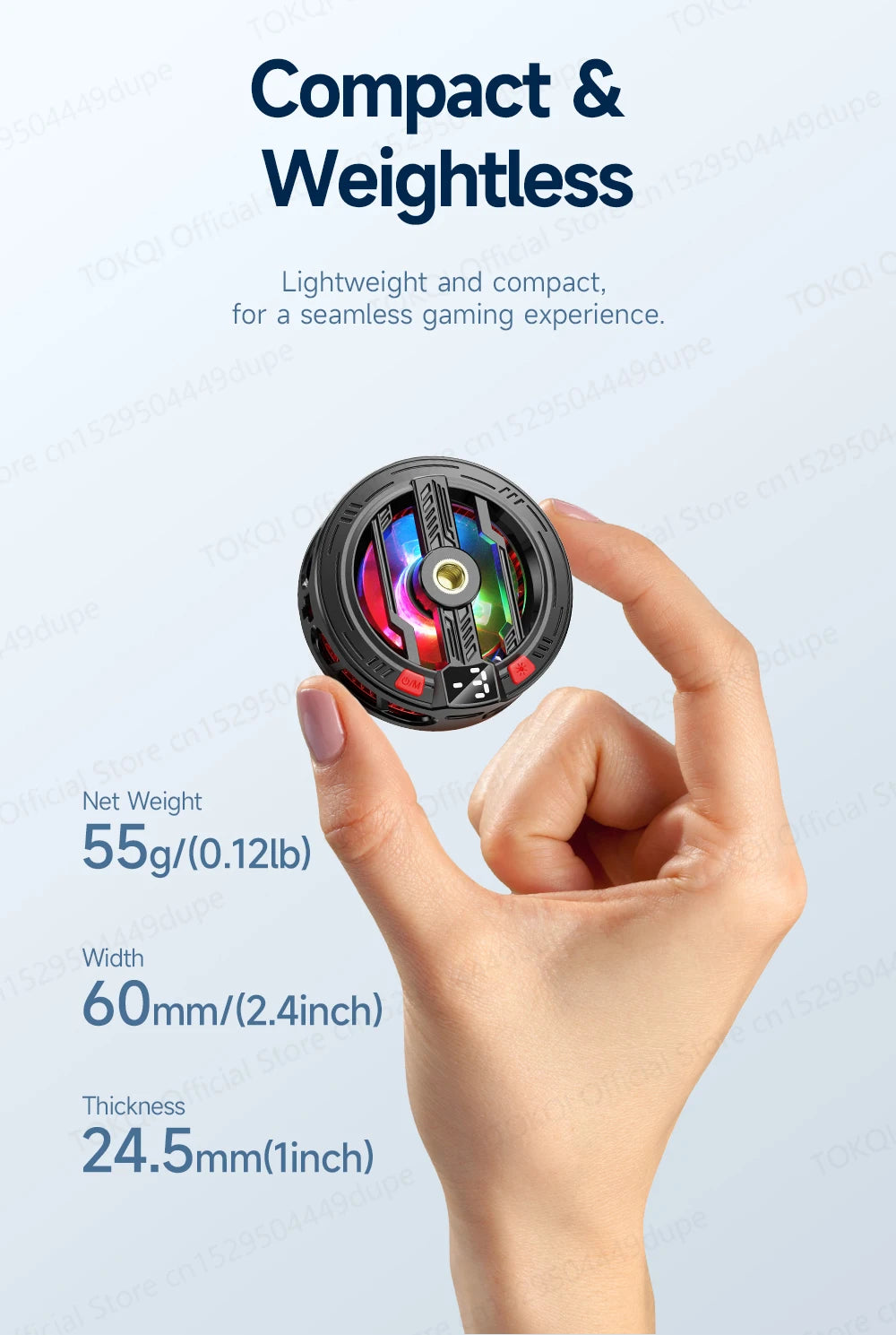 A hand holds a compact and weightless magnetic semiconductor phone cooler with a clip-on mount.
