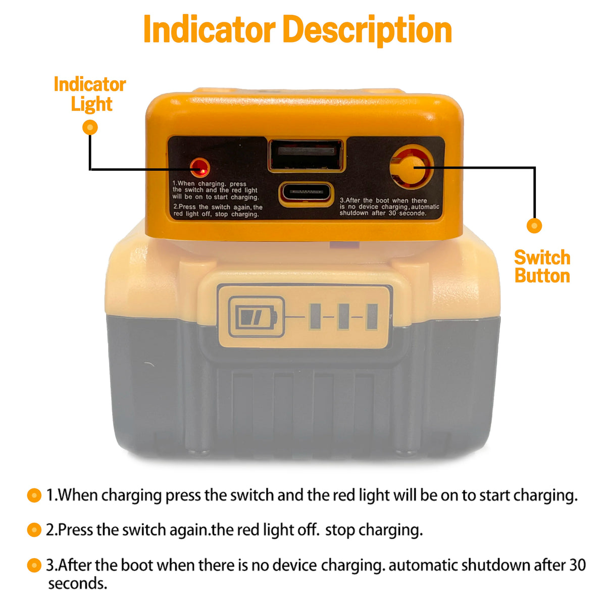 Gelbes und graues Batterieadapter mit Schalter und Ladeanzeige.