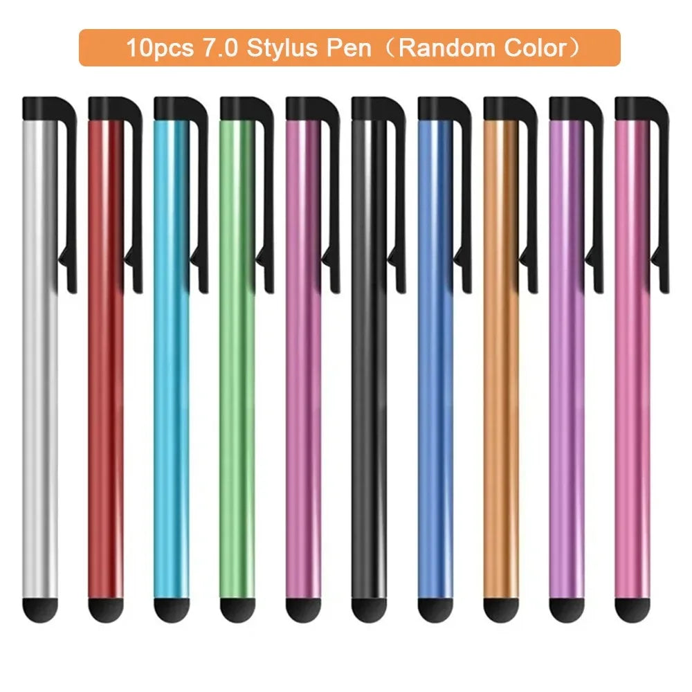 A set of ten precision universal touch stylus pens in various random colors displayed vertically.