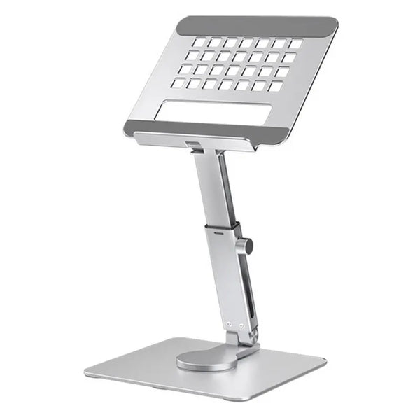A silver aluminum tablet stand with a grid-patterned holder and a rotating base.