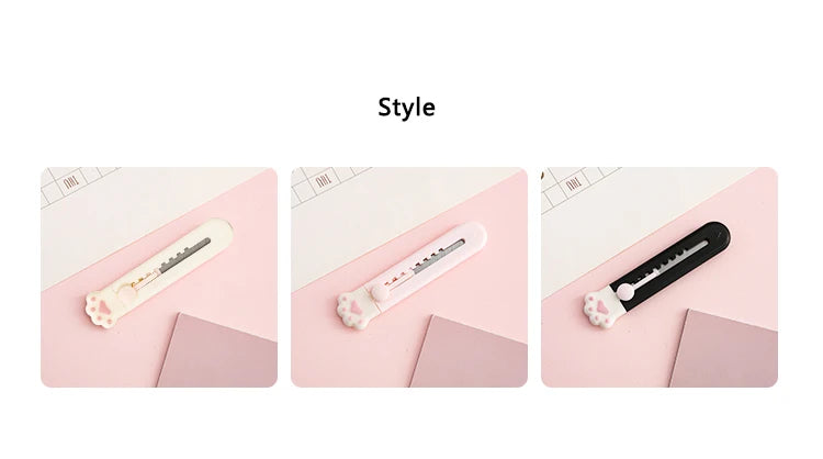 Three views of a white portable pet claw tool knife for crafting and decoration against a pink background.