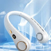 A white hands-free neck cooling device is shown resting on a glass, with light blue background and condensation effects.