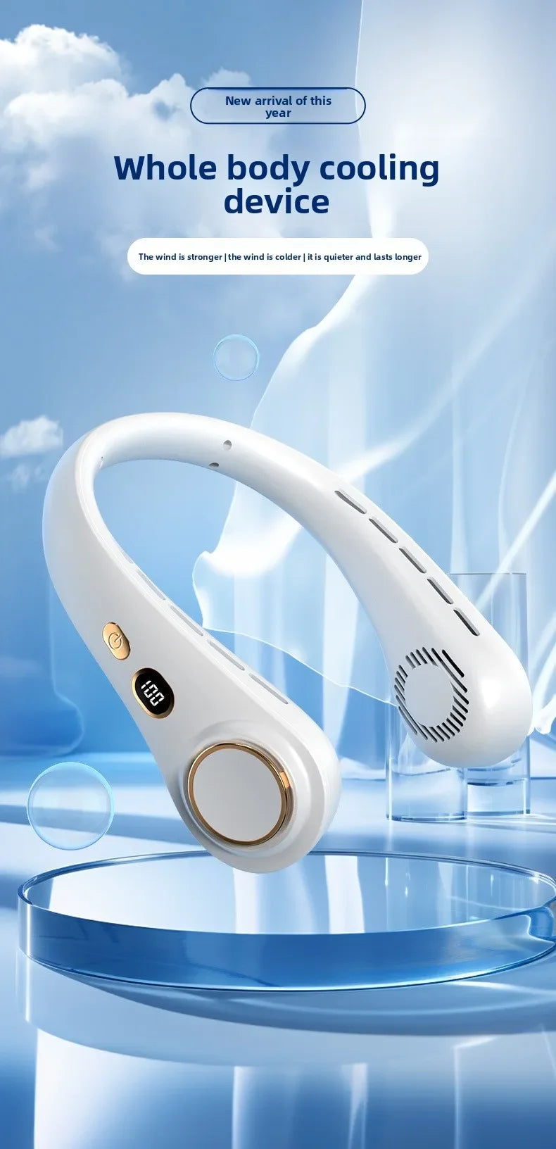 A white hands-free neck cooling device is shown resting on a glass, with light blue background and condensation effects.