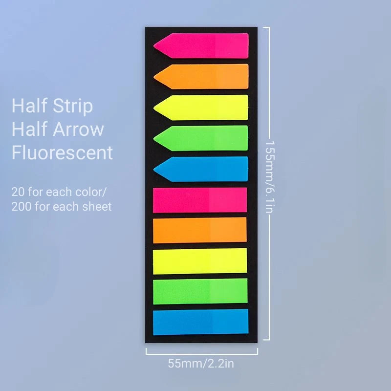 A vertical display of fluorescent half strips and half arrows for index tabs, showing various colors like pink, orange, yello