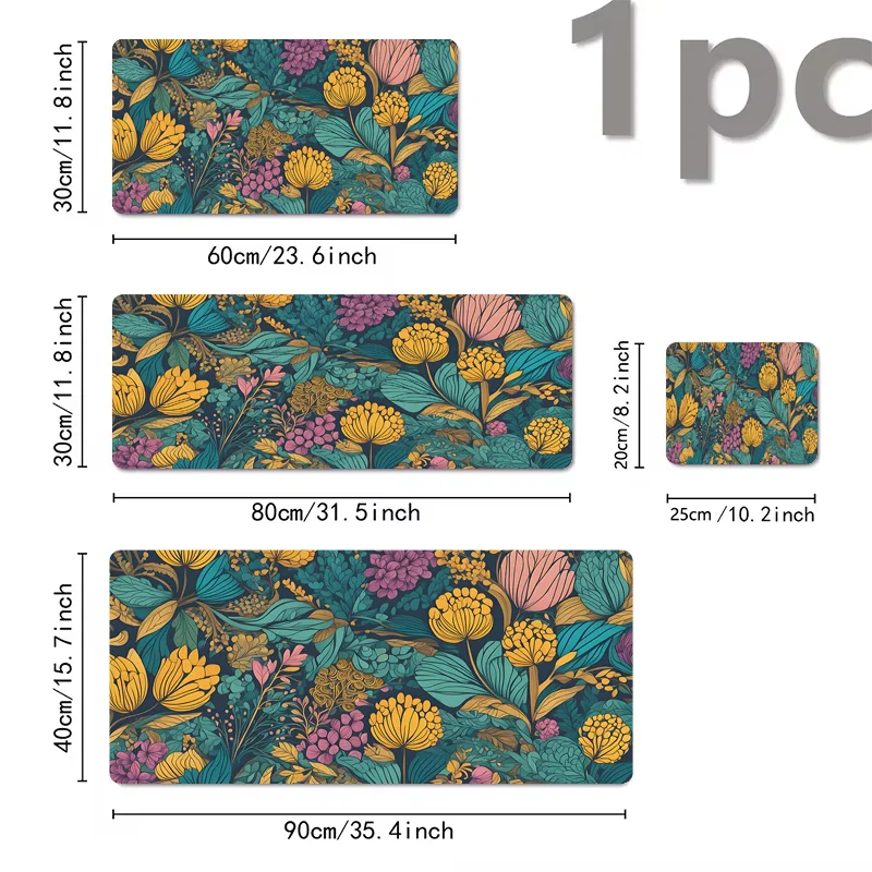 A set of three floral design mouse pads in various sizes and colors featuring yellow, pink, and teal foliage.