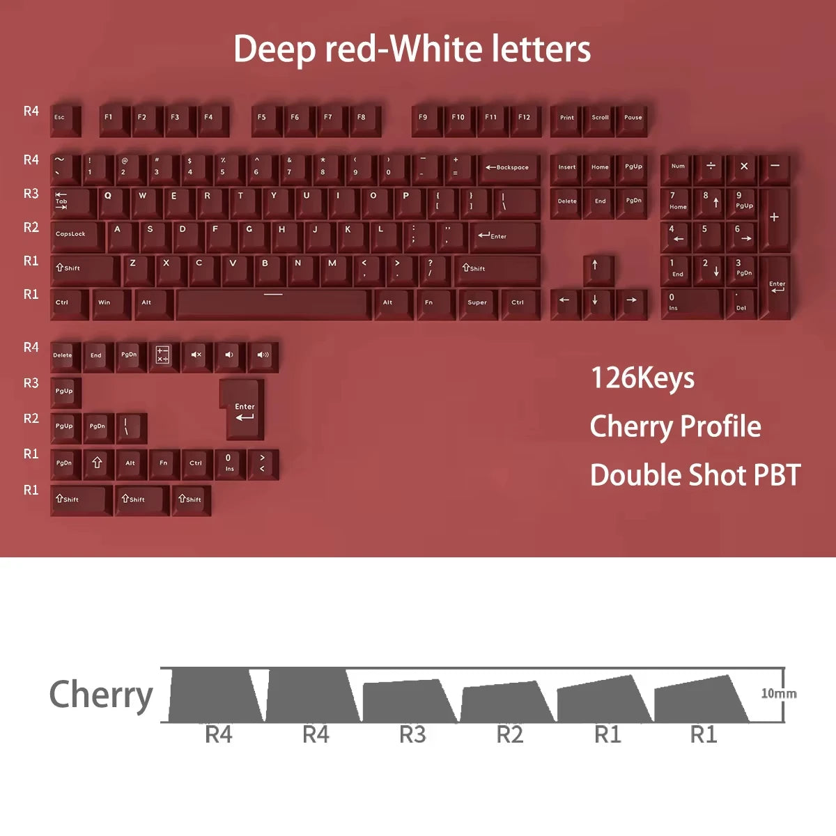 A close-up view of dark red and white PBT keycaps with a cherry profile for mechanical keyboards.