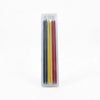 A clear plastic container holding a set of wooden woodworking marker pencils in various colors.