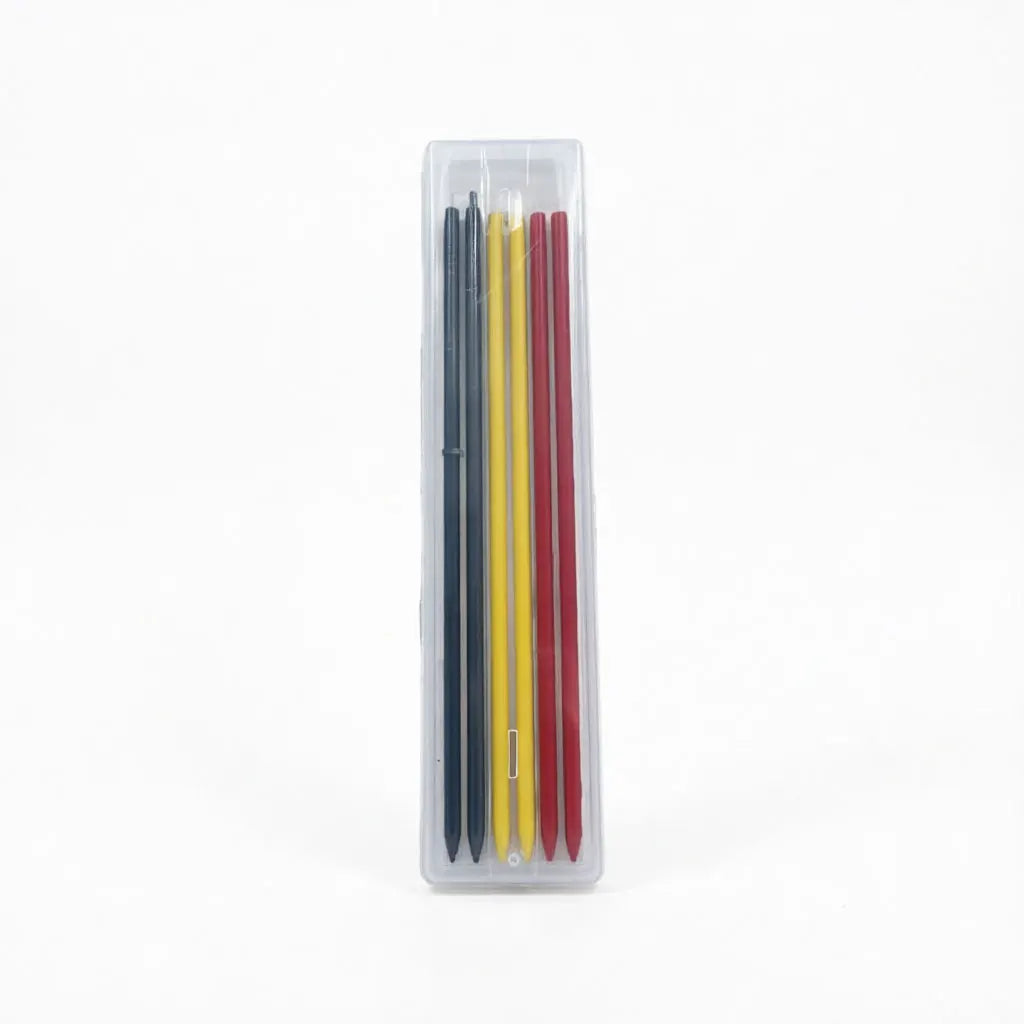 A clear plastic container holding a set of wooden woodworking marker pencils in various colors.