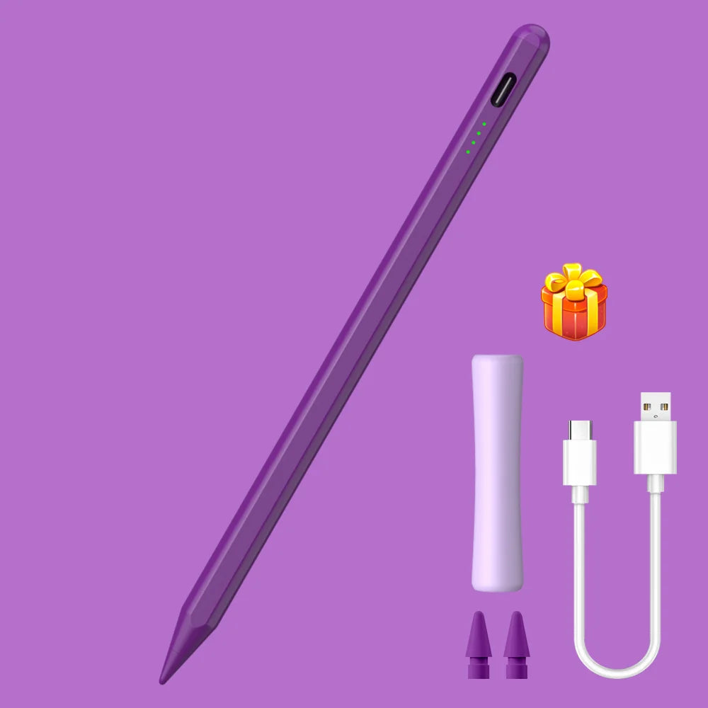 A purple Precision Active Stylus Pen with palm rejection features and tilt sensitivity shown next to a gift box and charging 