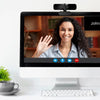 Computerbildschirm zeigt Video eines lächelnden Frau, mit Ausschnitt der Webcam und des Privacy-Covers.