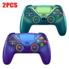 Two RGB wireless gaming controllers, one green and one purple, shown against a white background.