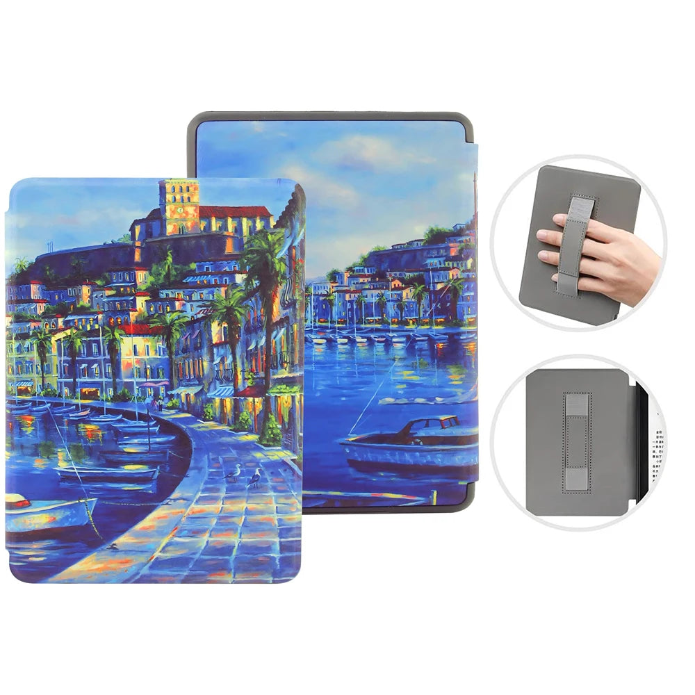 A blue watercolor illustration of a waterfront city scene on a leather case for a Kindle Paperwhite.