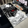 A large black and white anime illustration of a character on a mouse pad next to a gaming keyboard.