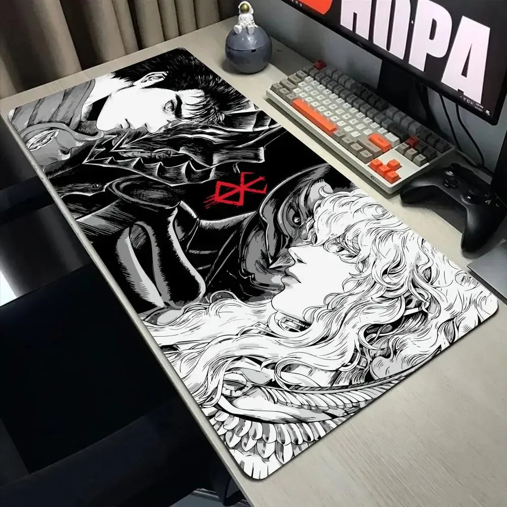 A large black and white anime illustration of a character on a mouse pad next to a gaming keyboard.