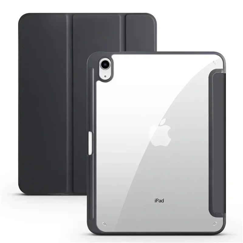 A silver iPad is shown next to its dark gray protective case.