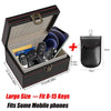 A black leather case with a lid showing an interior compartment designed to hold 8-15 keys and mobile phones.