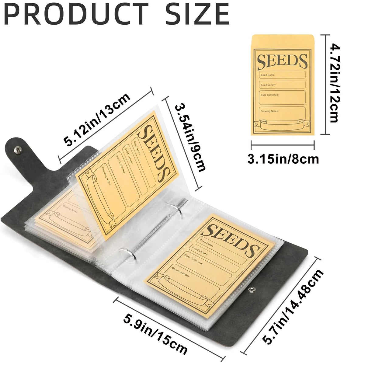 A flat, black seed storage organizer set with individual seed packets and a clear plastic sleeve.