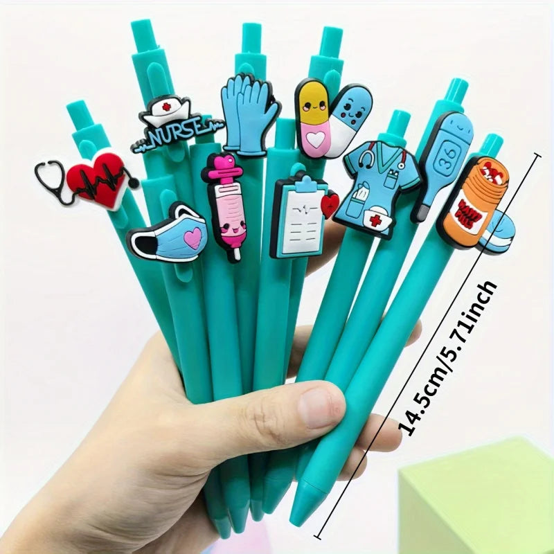 A hand holds a pack of six medical theme ballpoint pens featuring various medical symbols and text.