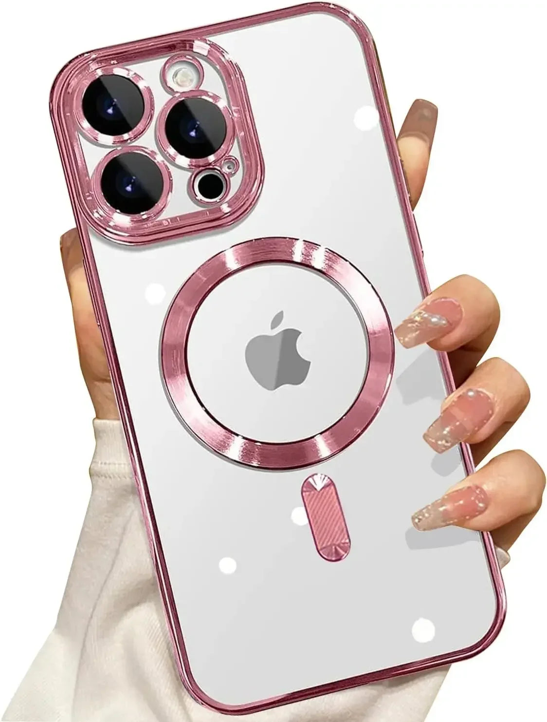 Eine Hand hält eine durchsichtige rosa magnetische kabellose Handyhülle für ein iPhone mit Kamera-Schutz.