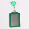A green PU leather retractable ID card holder with a clear plastic badge case and green keyring.