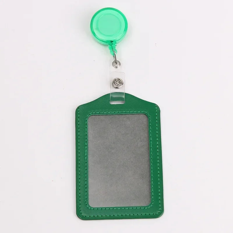A green PU leather retractable ID card holder with a clear plastic badge case and green keyring.