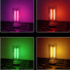 Two retro Edison style LED bulbs glowing in purple, orange, and green light against a dark metal grate background.