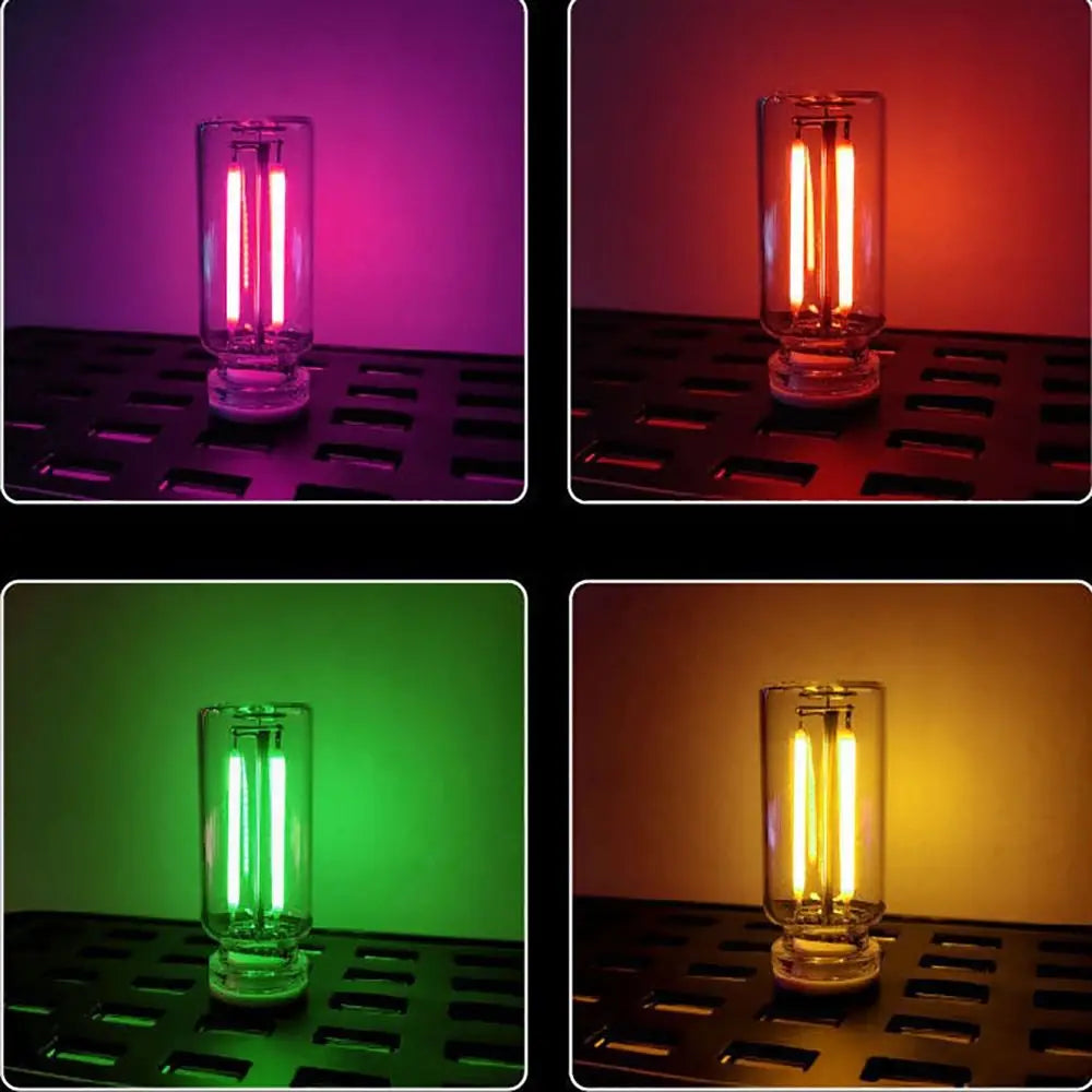 Two retro Edison style LED bulbs glowing in purple, orange, and green light against a dark metal grate background.