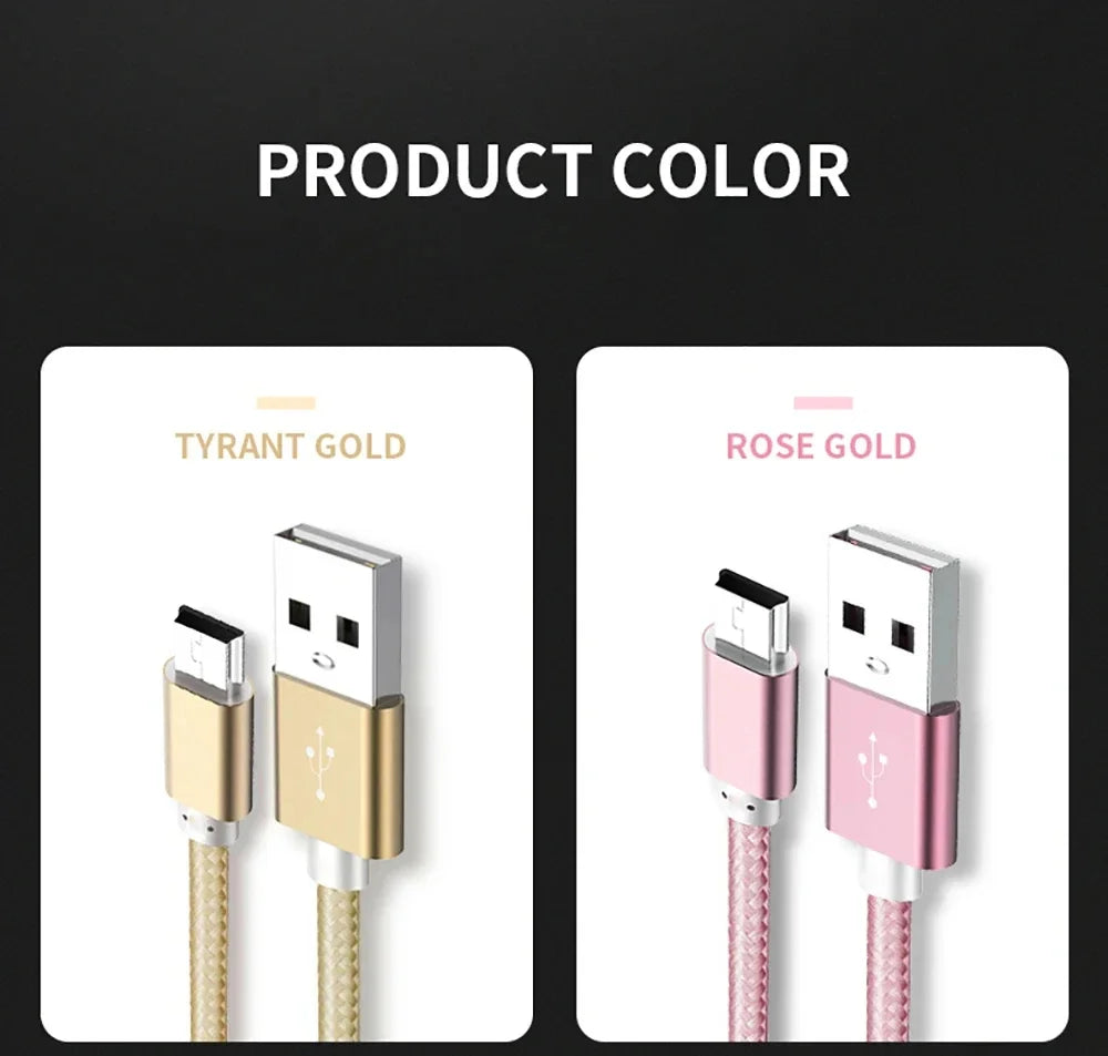 Two versions of a braided mini USB to USB charging and data sync cable are shown in Tyrant Gold and Rose Gold colors.