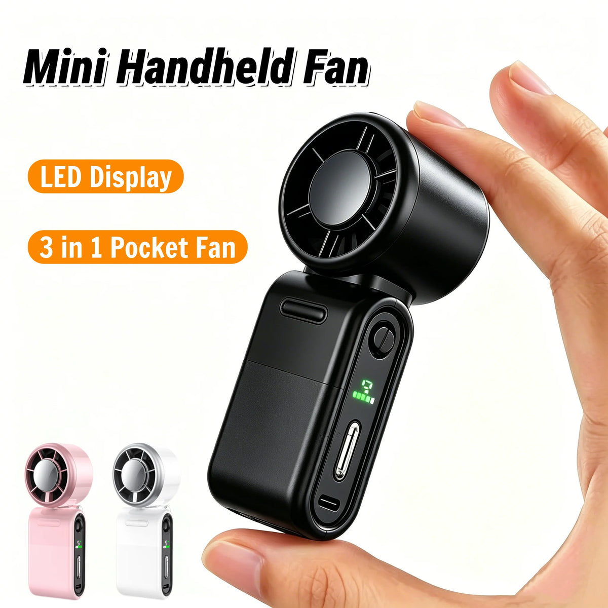 A black mini handheld fan with an LED display is shown being held in a hand, alongside smaller versions.