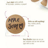 Round kraft paper labels with the name JEYU and a heart, designed for writing on various containers.