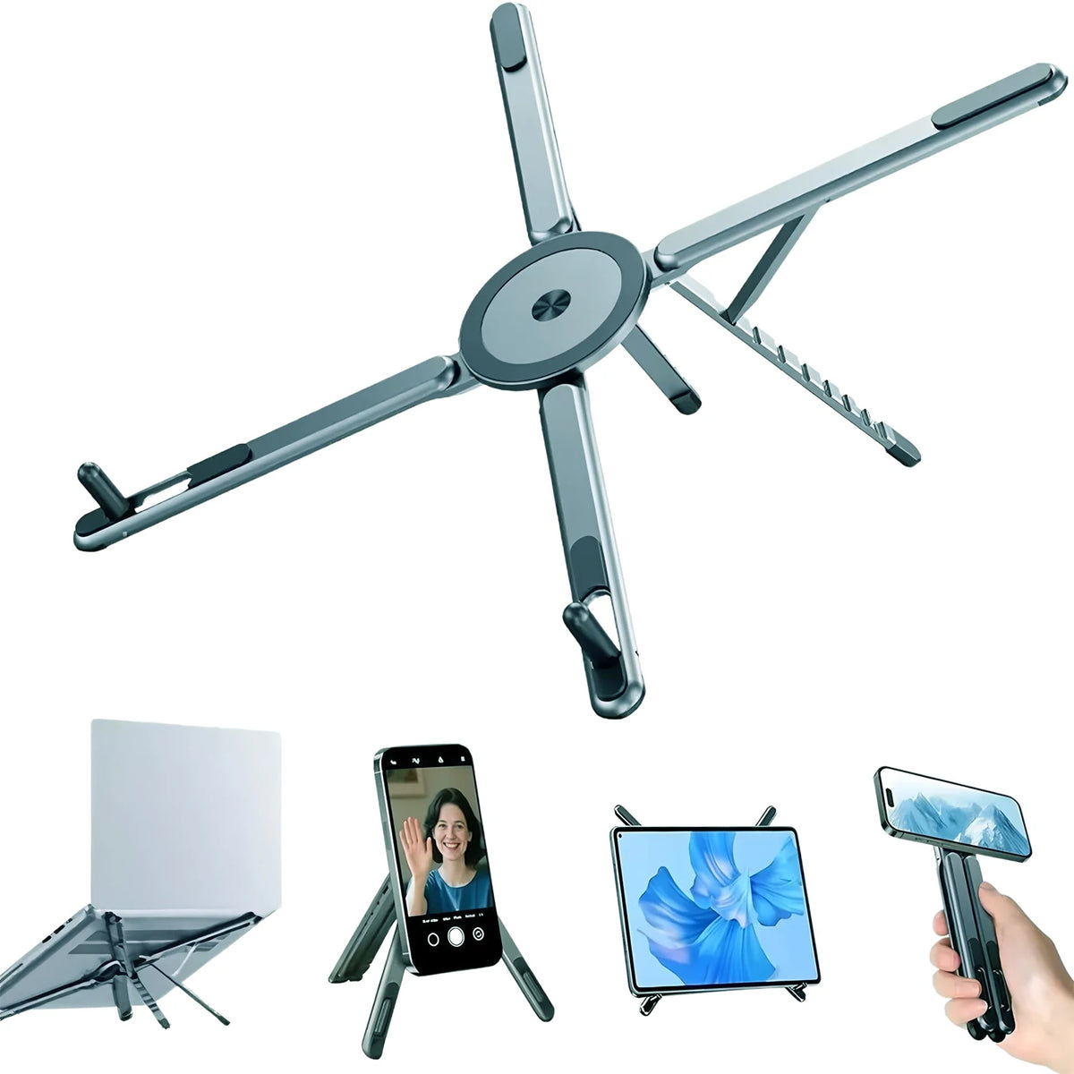 A foldable magnetic laptop stand shown in various configurations and usage examples.