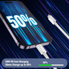 A smartphone screen displays a 50% charge, connected to a white 20W PD fast charger cable.