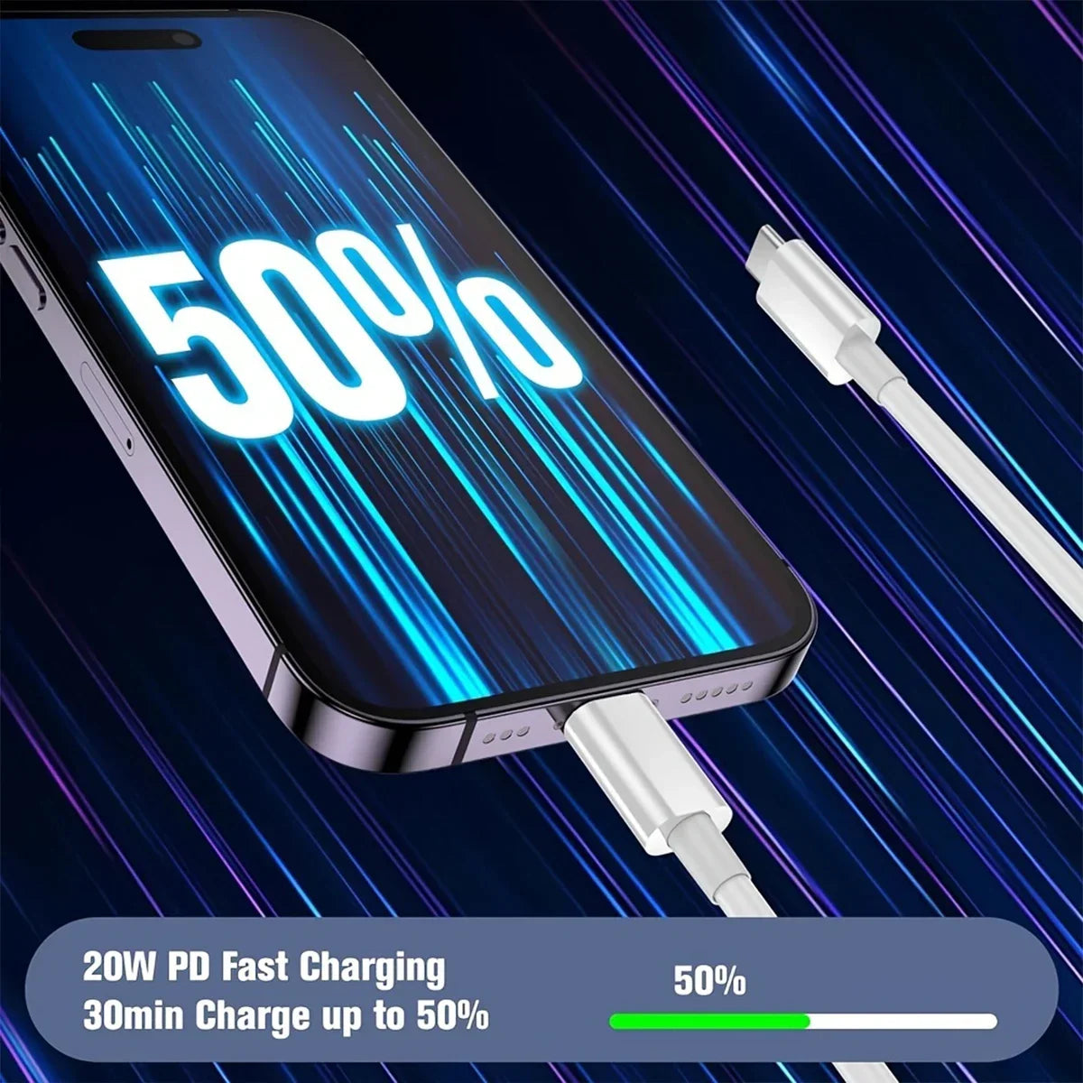 A smartphone screen displays a 50% charge, connected to a white 20W PD fast charger cable.
